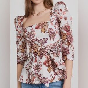 NWT Cara Cara Women's Ivory "Lauren" Floral Peplum Square-Neck Tie Top